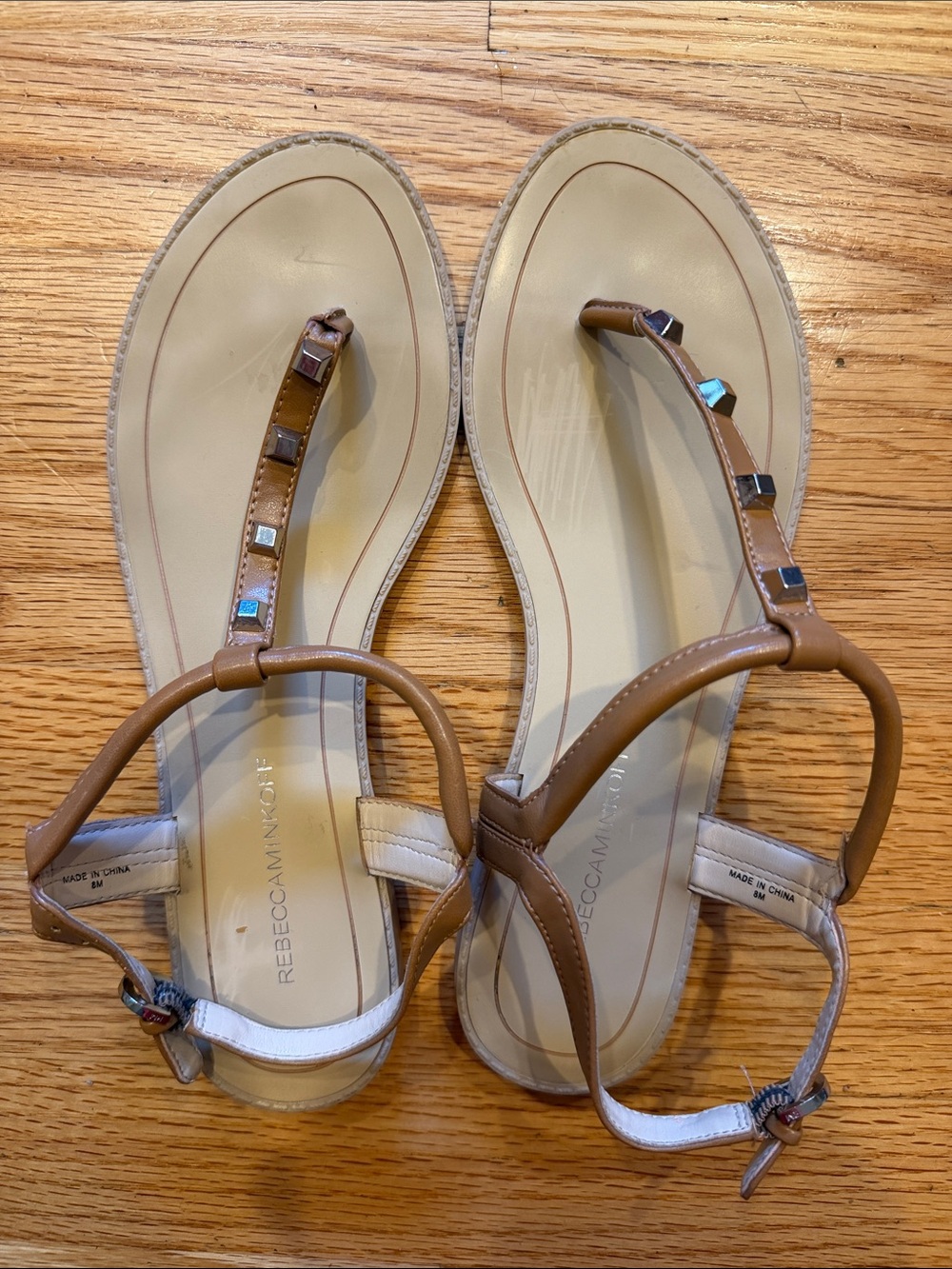 Rebecca Minkoff Brown T-Strap Sandals with Silver Faceted Accents